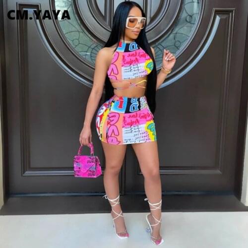 CM.YAYA Women Set Print Sleeveless Halter Hollow Out Bandage Crop Top Sheath Elastic Mini Skirts 2 Piece Set Sexy Fashion Outfit