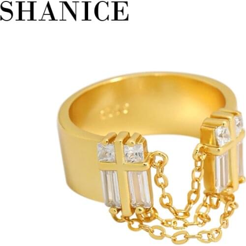 SHANICE S925 Sterling Silver Open Ring Cubic Zirconia CZ Crystal Chain Tassel Opening Rings for Women Couples Punk Jewelry Gifts