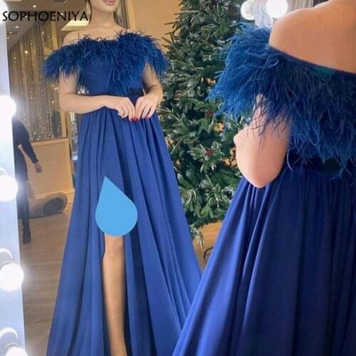 New Arrival Royal Blue Chiffon Evening dresses Long Formal dress Party 2021 Feathers Evening gowns Robe soiree mariage