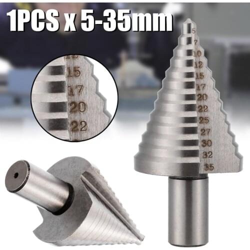 1pc HSS Step Cone Drill Bit Triangle Round Shank Spiral Grooved Wood Hole Cutter 5/7/10/12/15/17/20/22/25/27/30/32/35mm