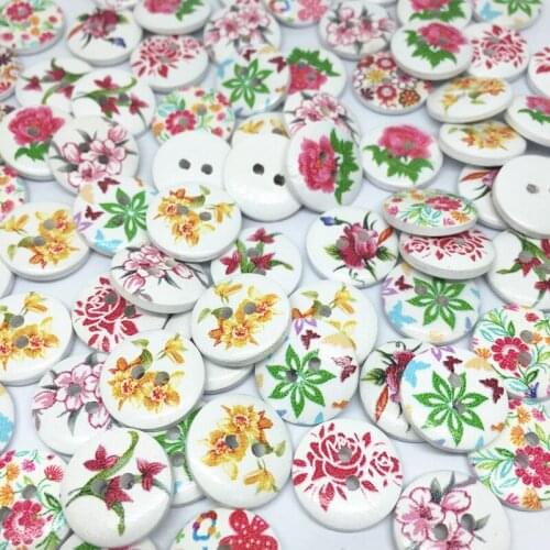 100pcs 15mm Florals Mixed Wood Buttons Flower Painted 2 Holes Round Sewing Button Embellishments