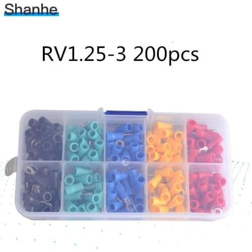 200pcs/lot RV1.25-3 Kit Cold pressed terminal O-type connector copper nose wire terminal with sheathed copper terminal head