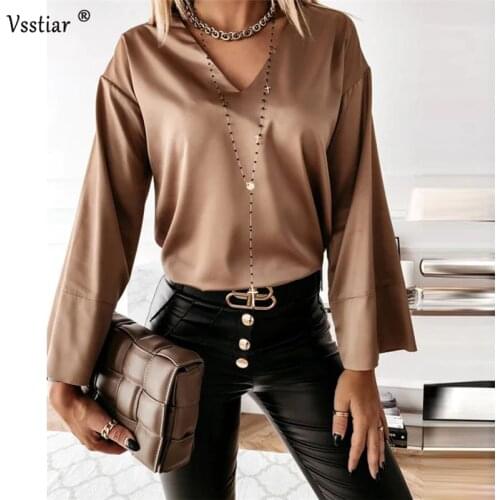 2021 Satin Blouse Women Sexy V Neck Casual Flare Sleeve Elegant Shirt Autumn Winter Solid Plus Size Blouses Office