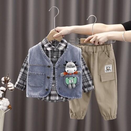 Baby Boy Clothes Suits Spring Autumn New Kids Infant Casual Fashion Doll Denim Vest+Plaid Shirt+Pants 3pcs Toddler Clothes Sets