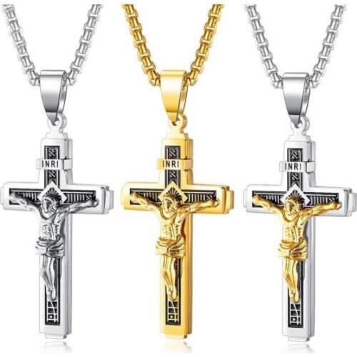 Stainless Steel Christ Cross Religious Jesus Pendant Necklace Fashion Gold God Jesus Bible Cross Jewelry Gift For Him with Chain