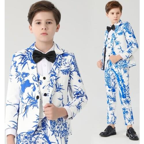 Childrens blue bamboo print suit mens three-piece flower girl dress boy suit big children striped suit catwalk Christmas