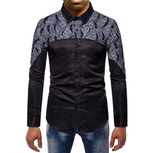 Mens Slim Fit Floral Print Long Sleeve Shirt Men Fashion Brand Party Holiday Casual Dress Shirts Black Shirt Male Camisa Hombre