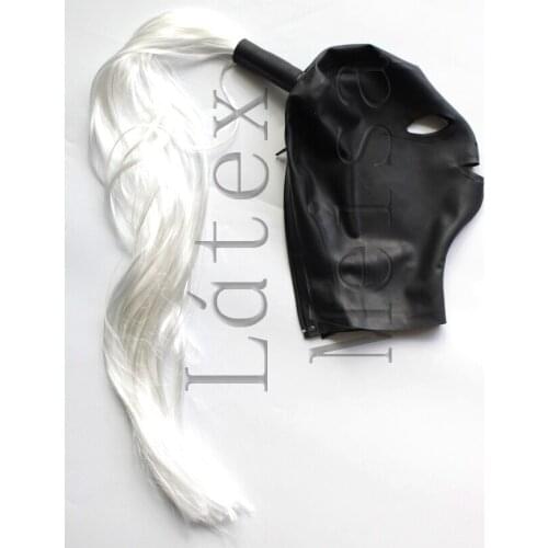 Novelty exotic latex hoods with braids decorations and open eyes nostrils and mouth with back zip for women