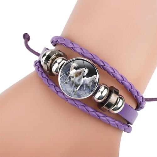 New Style Multi-Color Leather Cartoon Horse Pattern Handmade Beaded Woven Bracelet Purple Multi-Layer Horse Bracelet
