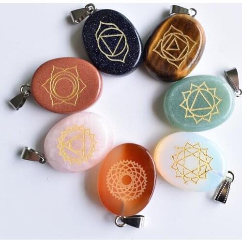 Wholesale 7pcs/lot new Natural stone mix seven chakras patten carved oval pendants for jewelry accessories making free shipping