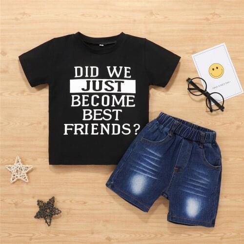 1-4T Summer Baby Boys Clothes Set Toddler Kids Letter Print Short Sleeve O-Neck T-Shirt + Denim Short Jeans Casual 2PCS Suits