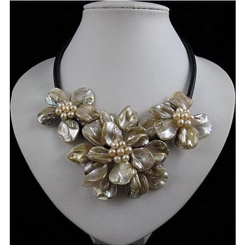 Handmade Shell Flower Leather Necklace,White Genuine Freshwater Pearl Shell Flower Real Leather ,Perfect Jewellery For Women