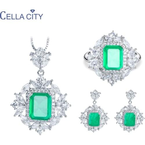 Cellacity classic 925 sterling silver jewerly sets ring earring pendant necklace with emerald gemstones 5A zircon jewerly gift