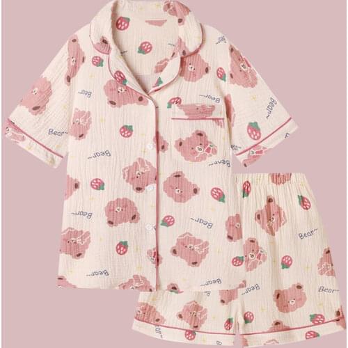 QWEEK Cotton Strawberry Pajamas for Women Kawaii Suits with Shorts Summer 2021 Pijama Funny Bear Print Sleepwear Cute Pyjamas