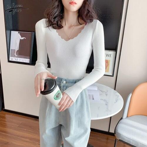 Long-sleeved Slim V-neck Sweater Autumn Winter Elegant Wool Casual Short Pullover Lady Striped Inner Knit Bottoming Shirt 16266