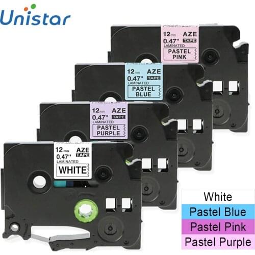 Unistar 4 Pack Label Tapes Compatible for Brother tze231 MQF31 MQ531 MQE31 Laminated Cassette Label Maker White Purple Blue Pink