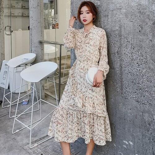 2021 Vintage Floral Chiffon Midi Dresses Autumn Winter New Plus Size Long Sleeve Maxi Dress Elegant Women Bodycon Party Vestidos