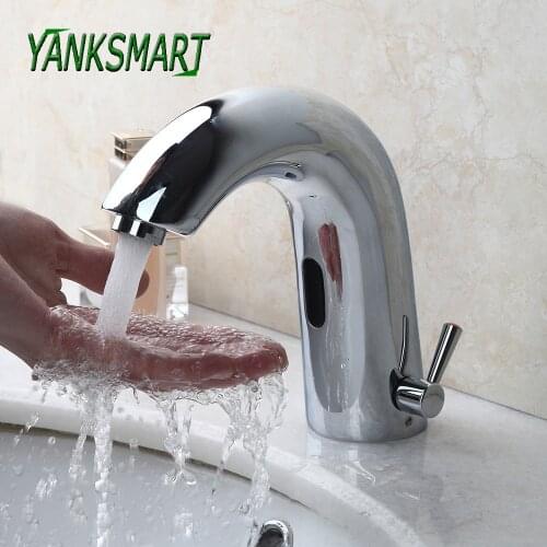 YANKSMART Chrome Polished Automatic Touch Free Bathroom Faucet Bath Basin Sink Sensor Faucet Deck Mounted Brass Mixer Water Tap