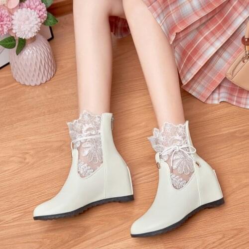 Sexy Lace Pattern Stitching PU Wedge Heel Womens Ankle Boots Ankle Bow Tie With Back Zipper Inner Heightening Short Boots