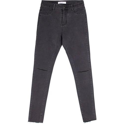 Women Fashion Jeans High Waist Ripped Hole Slim Skinny Stretch Elastic Pencil Pants Vintage Washed Grey Female Trousers C3084