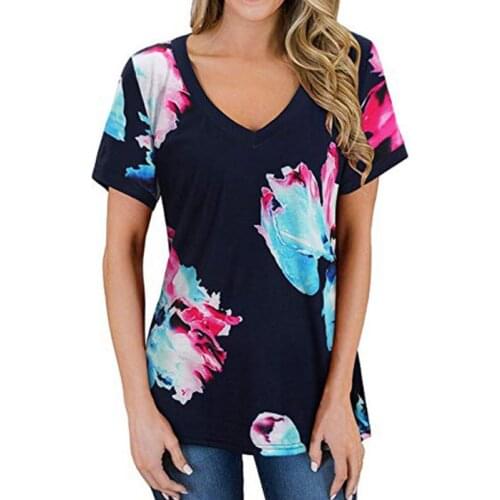 Women T-Shirts Short Sleeve Casual Tee Summer Flower Print Fashion Tops Female Loose V-Neck T-Shirt