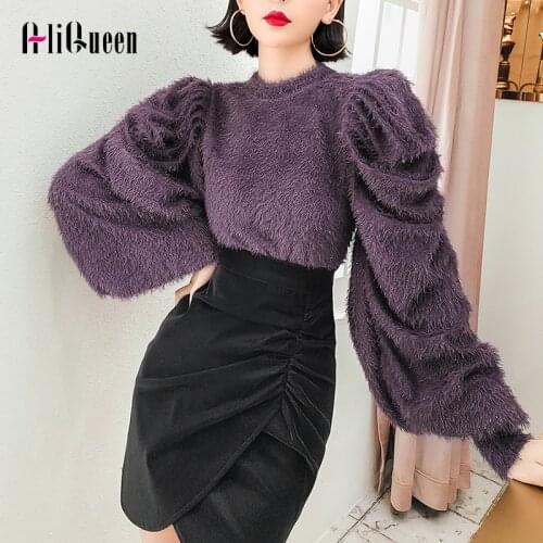 Jersey Mujer 2020 Autumn Fashion Women Black Puff Long Sleeve Loose Bright Silk Mohair Sweater Purple Knitted Pullover Sweaters