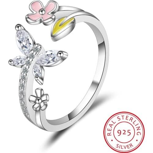 LEKANI New Trendy 100% 925 Sterling Silver Love of Butterfly Pink Flower Open Rings for Women Wedding Silver Fine Jewelry