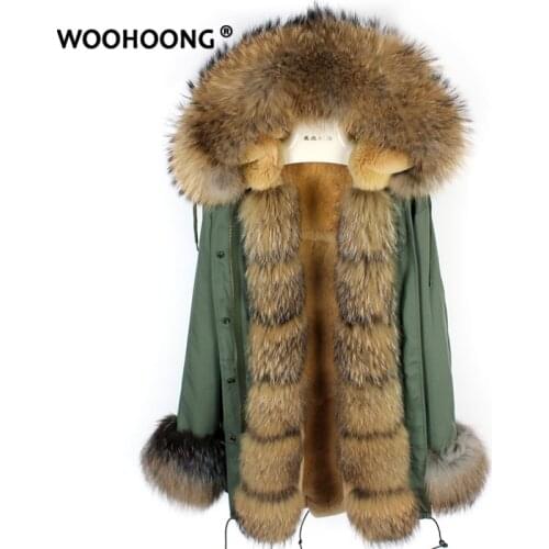 Winter Real Fur Coat Natural Raccoon Parker Female Rex Rabbit Fur Liner Fur Placket Waterproof Removable Customized Large Size
