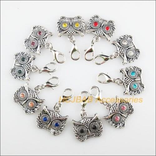10 New Owl Head 16x18mm Charms Mixed Round Crystal Tibetan Silver Plated Retro With Lobster Claw Clasps