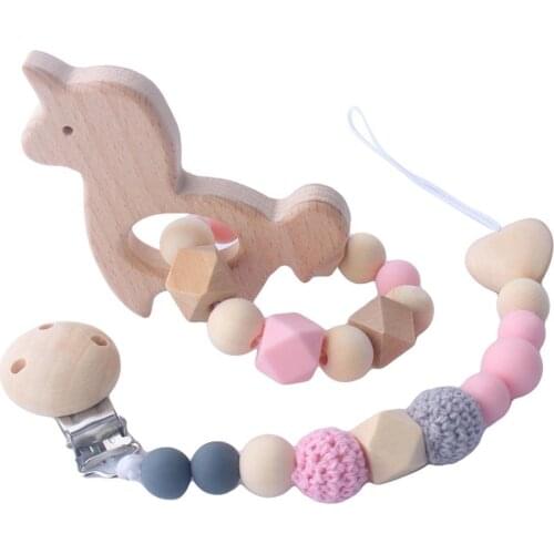 2Pcs/Set Baby Wooden Animal Handmade Pacifier Clips Holder Chain Silicone Pacifier Chains Baby Teether Teething Chain Kids Toys