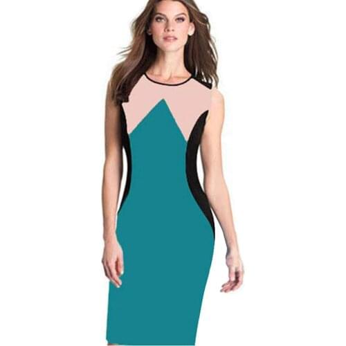 AAMIKAST Wholesale New Fashion Elegant O-neck Sleeveless Knee-length Patchwork Slim Midi Pencil Party Cocktail Women Dresses