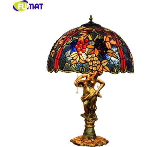 FUMAT European Style Grape Shade Table Lamp Home decor Art Stained glass Table Lights for Living Room Bedside LED Table Lamp