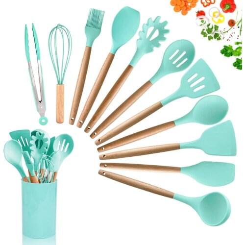 LMETJMA BPA Free Silicone Kitchen Cooking Utensils Set Nonstick Cooking Tools Set with Wooden Handles Cookware KC0302