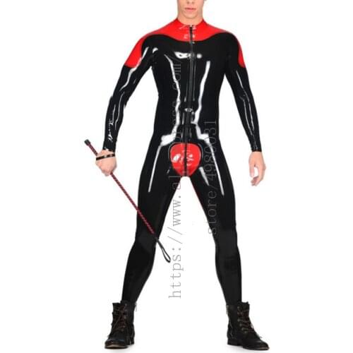 Front zipper to ass design mens black patchwork red latex bondage suit what is made of natural & flexible latex materials