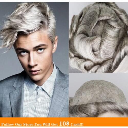 BYMC Mens toupee Durable Grey Color Natural looking Hair Men Wig Human Hair Full PU Replacements Toupee Corta Pelo Hombre