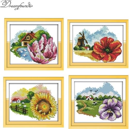 Flowers house cross stitch kit pre printed aida 14ct 11ct canvas cotton thread embroidery DIY handmade needlework multi pictures