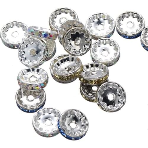 Wholesale 12MM Silver Plated Metal Colorful Crystal Rhinestone Rondelle Handmade Loose Beads 50PCS