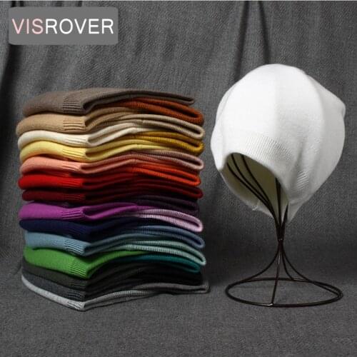 VISROVER 25 colors unisex Autumn winter solid color real cashmere beanies with pompom New cashmere man woman Warm wool skullies