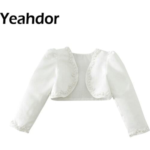 Wedding Party Wrap Jacket for Flower Girls Dress Kids Girls Long Sleeves Satin Beaded Bolero Jacket Shrug Short Cardigan White