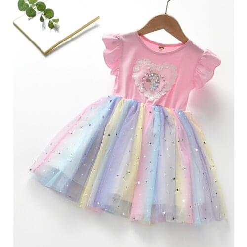 Jargazol Summer Kids Dresses for Girls Cartoon Unicorn Rainbow Mesh Flying Sleeve Princess Dress Party Lace Cotume Vestidos