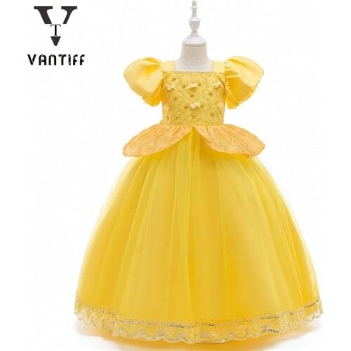 Puff Sleeve Princess Dresses For Girls Lace Cake Dress Bow Long Skirt Kids Halloween Cosplay Costume Beautiful Wedding Dress