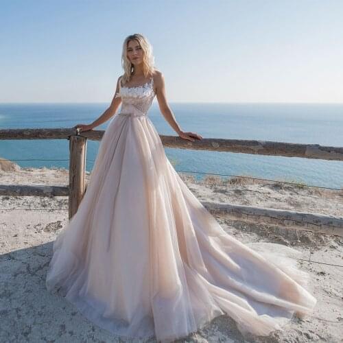 Stunning Tulle Spaghetti Straps A-Line Appliques Wedding Dresses Floor-Length Sleeveless Bridal Gowns серьги 2021 тренд