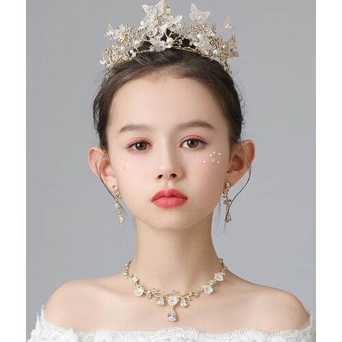 Luxury Gold Kid Tiaras And Crowns Butterful Crystal Wedding Party Pearl Children Bridal Hair Accessories Headdress Hairbands