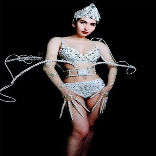 V86 Singer perform stage costumes female white pearl bikini rhinestones bodysuit bar wear crystal outfit catwalk dress diamonds