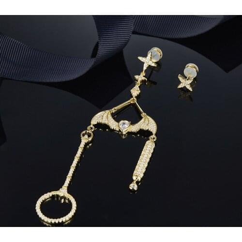 Top Quality Fine Design 925 Sterling Silver Asymmetry Gold Color Bat Earrings Women CZ Zircon Star Circle AB Earring Jewelry