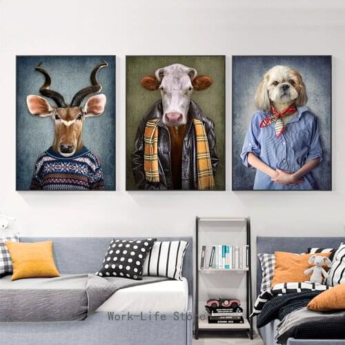 Modern Animal Canvas Painting Wall Art Posters And Prints Funny Tiger, Deer, Cow and dog in clothes for Kids Room Home Decor
