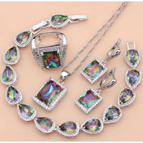 Sterling Silver Jewelry Mystic Rainbow Fire Zircon Jewelry Sets Women Wedding Earrings/Pendant/Necklace/Rings/Bracelet