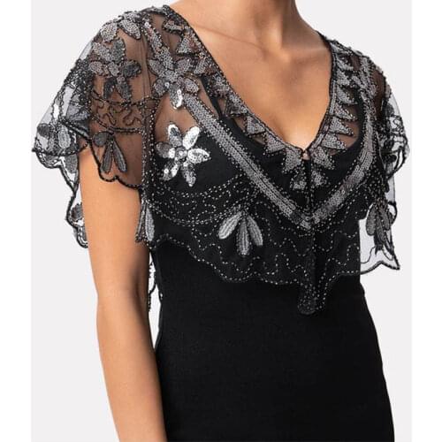 Womens 1920s Shawl Short Wedding Wrap Art Deco Sequin Beaded Evening Cape Bolero Flapper Cover Up Summer Capelet