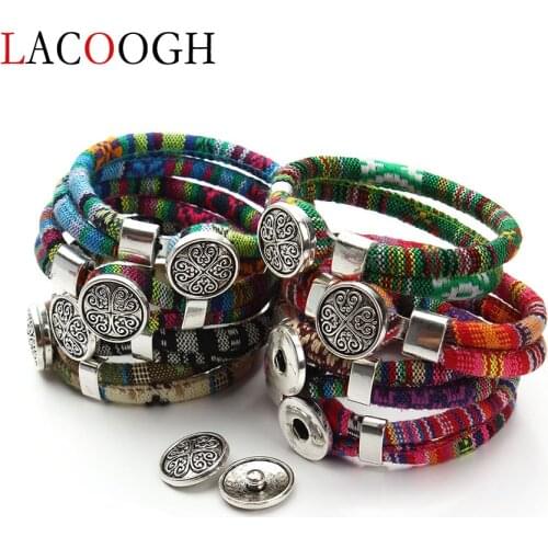 Lacoogh New Handmade Multicolor Knitted Core Cords Ethnic Bohemia Bangles Female Clovers Snap Button Charms Bracelets for Women