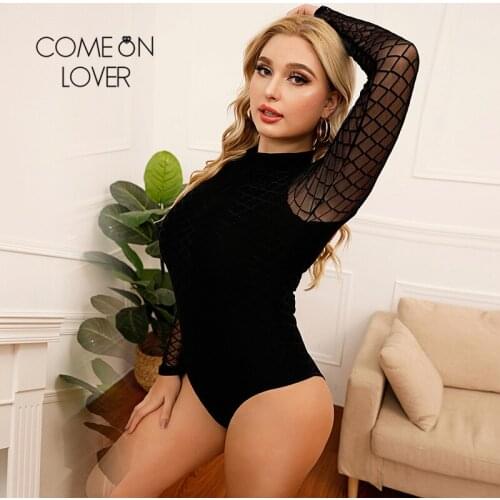 Comeonlover Black Lace Mature Transparent With Long Sleeves Ladies Sexy Bodysuit Fashion Plus Size Womens Bodysuits RE80752